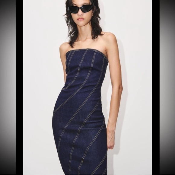 Zara blogger’s favorite top stitched body-con denim dress M - Picture 4 of 6